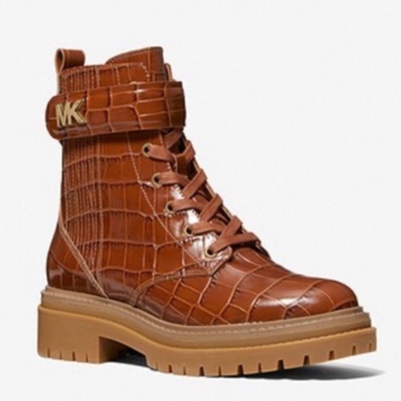 New Michael Kors Stark Chestnut 🌰 Crocodile Embossed Leather Combat Boot - Picture 3 of 3
